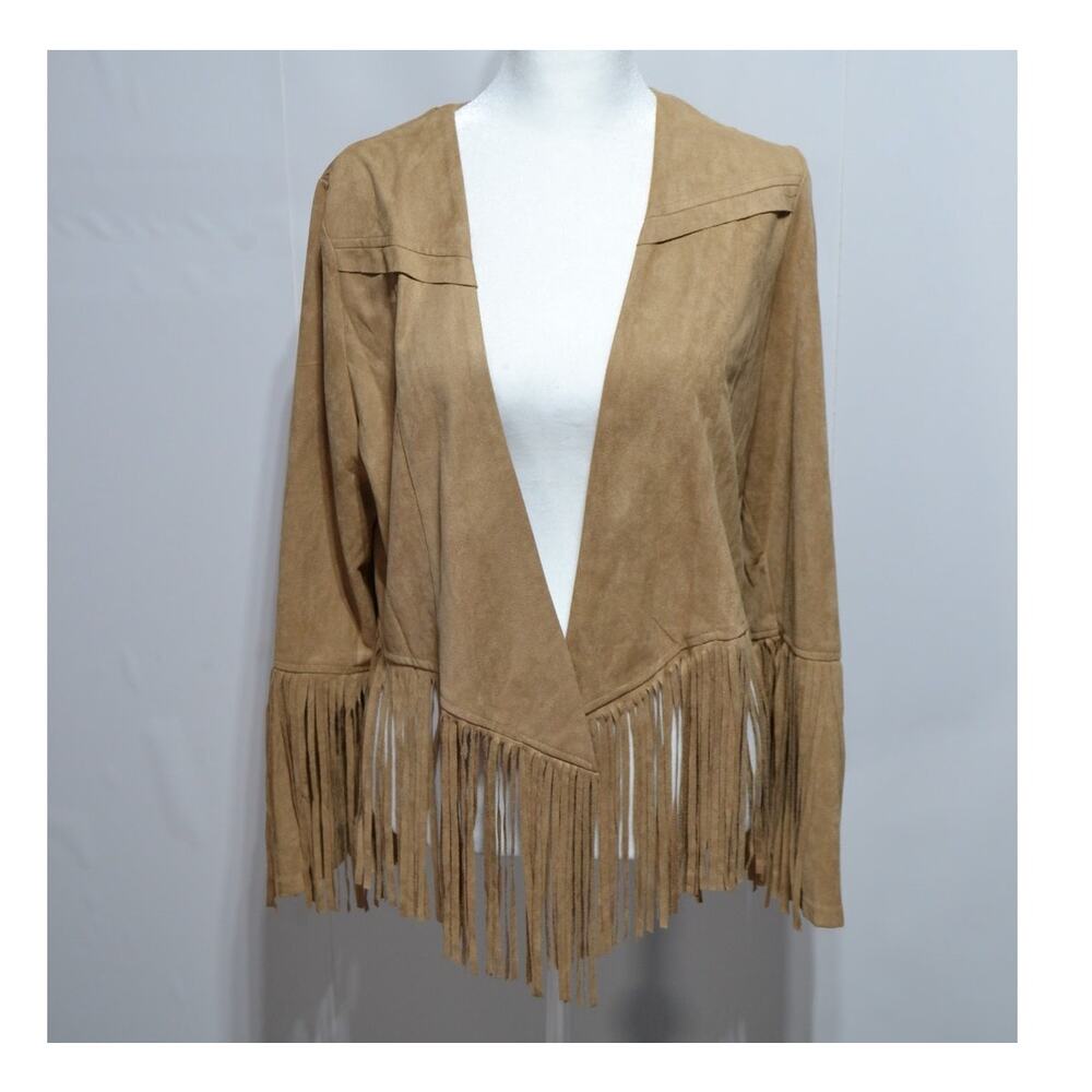 Hot & Delicious Crop Fringe Faux Suede Tan Open Front Jacket Size Large